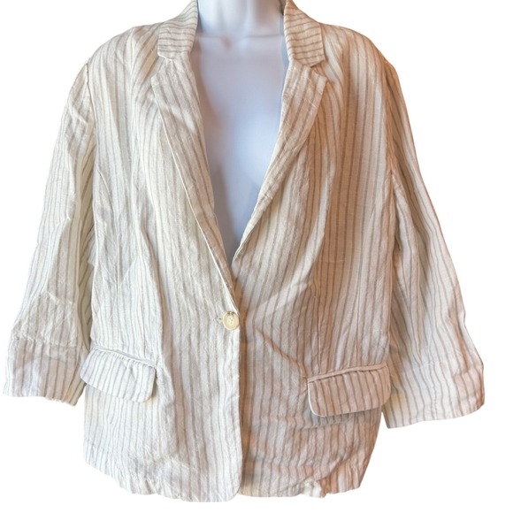 Chico's Jackets & Blazers - CHICO'S 100% Linen One Button Striped Blazer Jacket Ivory Tan Size Large